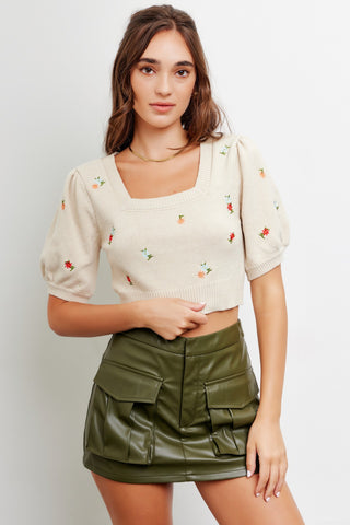 Beige Square Neck Floral Embroidered Sweater