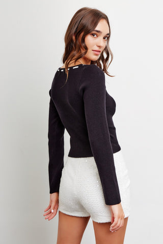 Black White Super Soft Contrast Stitch Square Neck Rib Sweater