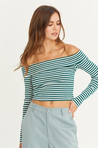 Green Striped Knit Off-The-Shoulder Crop Top