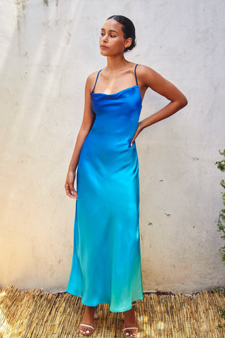 Blue Ombre Criss Cross Back Maxi Dress