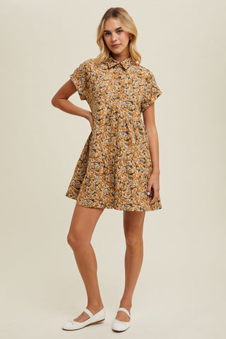 Mustard Combo Floral Corduroy Tiered Mini Dress