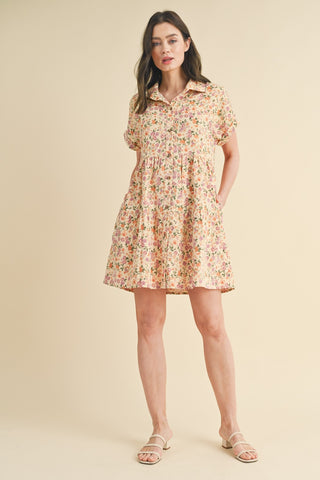 Natural Combo Floral Corduroy Tiered Mini Dress