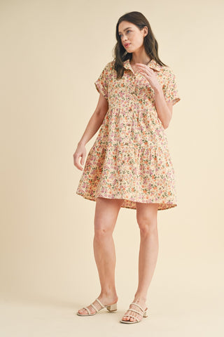 Natural Combo Floral Corduroy Tiered Mini Dress