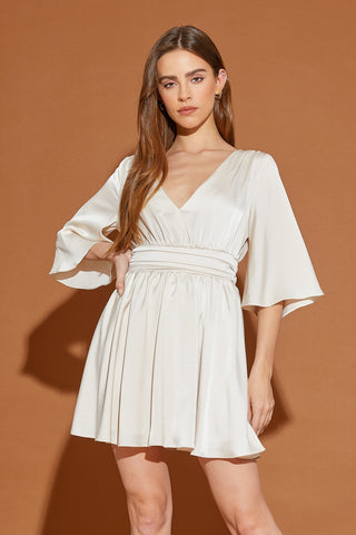 Ecru Waist Tuck Detail V-Neck Dress