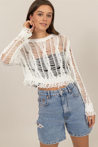 White Distressed Knit Cropped Sweater