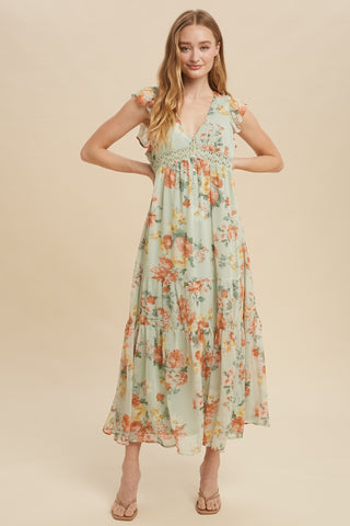 Green Tea Floral Chiffon Flutter Sleeve Maxi Dress