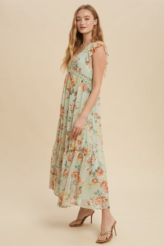 Green Tea Floral Chiffon Flutter Sleeve Maxi Dress