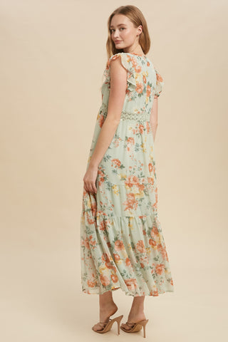 Green Tea Floral Chiffon Flutter Sleeve Maxi Dress