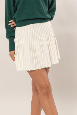 Cream High-Waist Knit Pleated Flare Mini Skirt