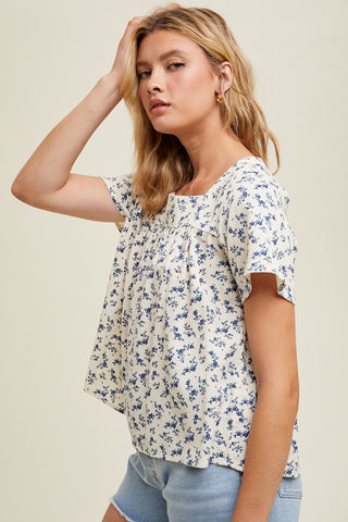 Cream Blue Floral Square Neck Blouse