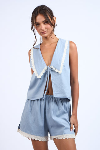 Blue Wide Collared Front Tie Lace Trim Top & Shorts Set