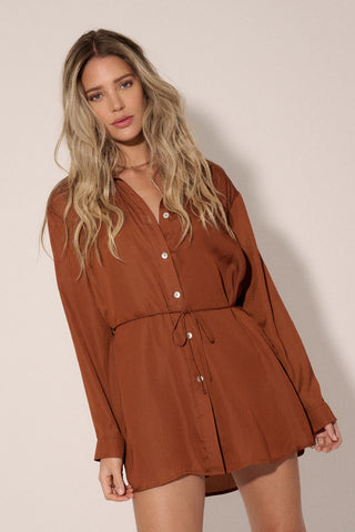 Brown Solid Collar Neck Button Front Long Sleeve Romper