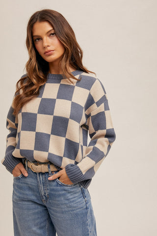 Blue Checker Print Crew Neck Sweater