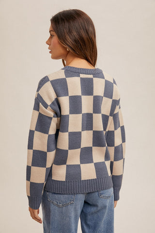 Blue Checker Print Crew Neck Sweater