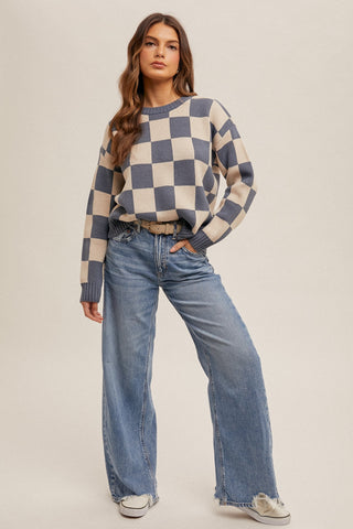 Blue Checker Print Crew Neck Sweater