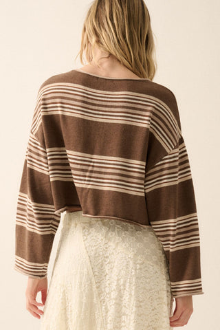 Chocolate Striped Knit Rolled Cropped Sweater