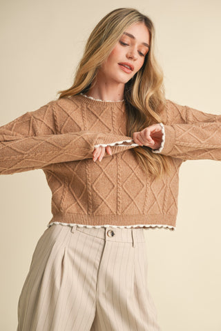 Camel Cable Knit Cropped Sweater