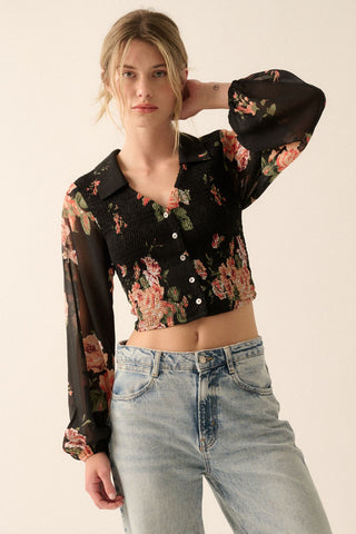 Black Floral Chiffon Smocked Button-Up Collared Blouse