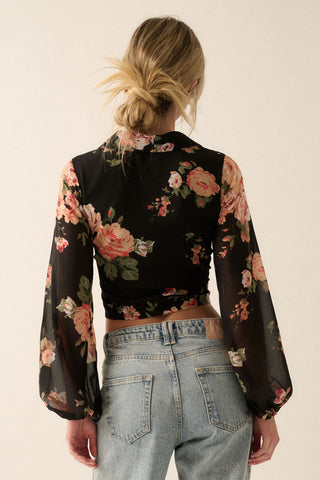 Black Floral Chiffon Smocked Button-Up Collared Blouse