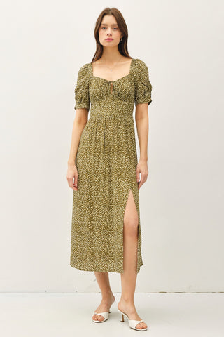 Olive Floral Print Sweetheart Neck Puff Sleeve Dress