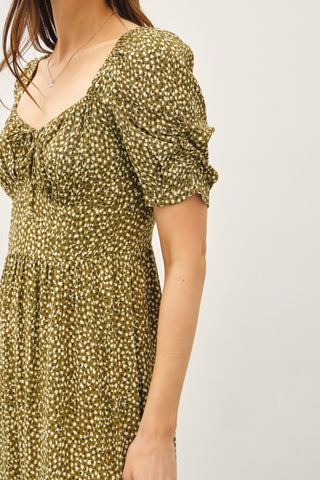 Olive Floral Print Sweetheart Neck Puff Sleeve Dress