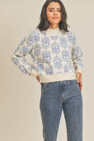 Blue Floral Pattern Knit Sweater