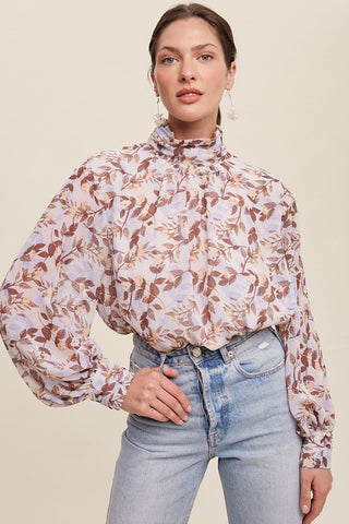 Brown Leaf Print Mock Neck Long Sleeve Blouse