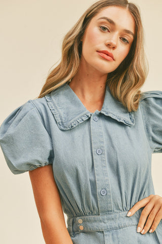 Light Denim Romper With Puff Sleeves