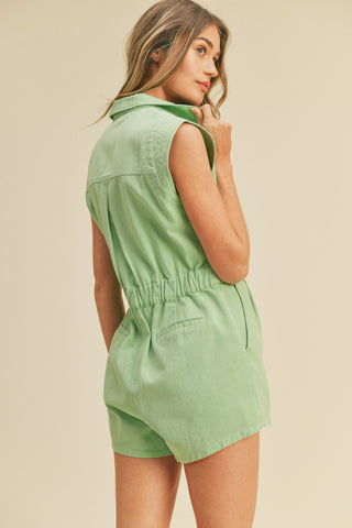 Lime Green Sleeveless Denim Romper