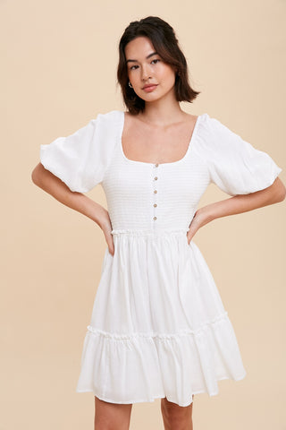 Off White Smocked Button Front Mini Dress