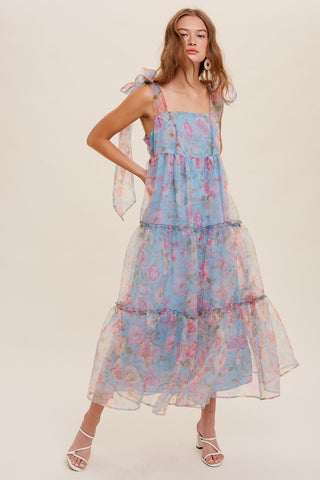 Blue Tiered Floral Print Organza Maxi Dress