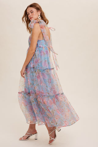 Blue Tiered Floral Print Organza Maxi Dress