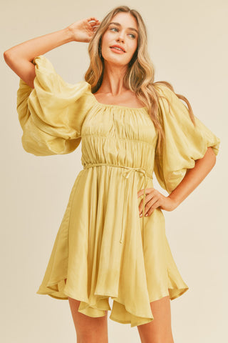 Yellow Metallic Bubble Sleeve Flared Mini Dress