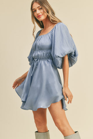 Blue Metallic Bubble Sleeve Flared Mini Dress