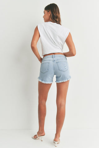 Light Denim Curved Fray Hem Jean Shorts