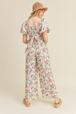 Ivory Floral Wide Leg Puff Sleeve Jumpsuit