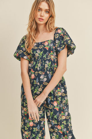 Navy Floral Wide Leg Puff Sleeve Jumpsuit