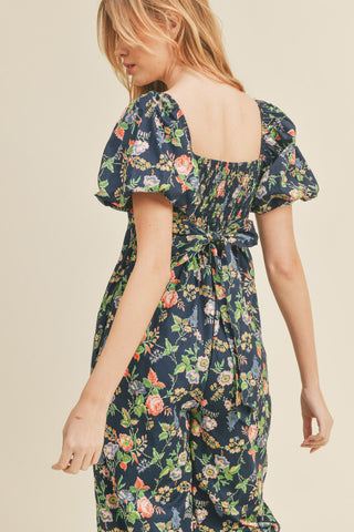 Navy Floral Wide Leg Puff Sleeve Jumpsuit