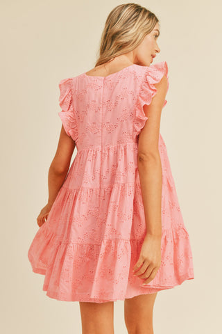 Coral Eyelet Babydoll Mini Dress