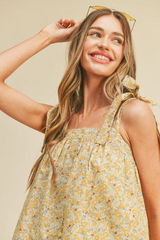 Golden Yellow Floral Floral Button Down Tie Strap Tank