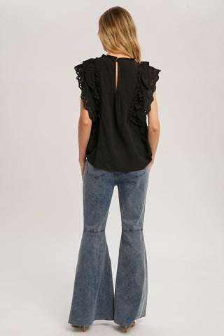 Black Ruffled Eyelet Lace Blouse