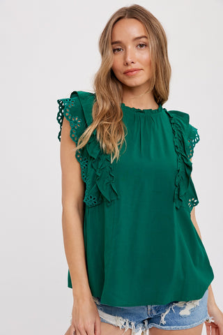 Green Ruffled Eyelet Lace Blouse