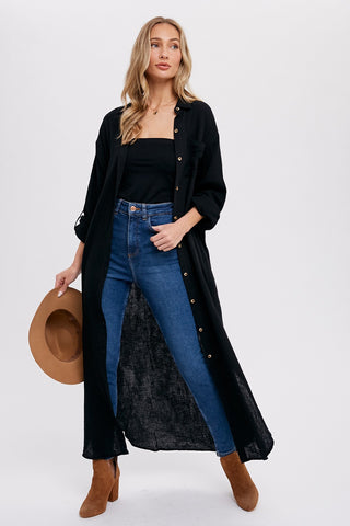 Black Button Down 3/4 Sleeve Midi Dress