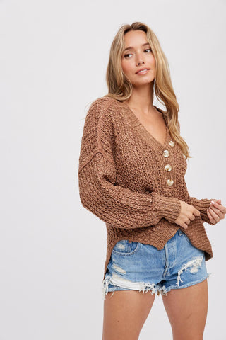 Mocha Chunky Knit Button V-Neck Sweater