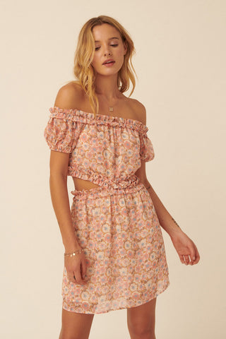 Peach Floral Off-Shoulder Ruffle Side Cutout Mini Dress