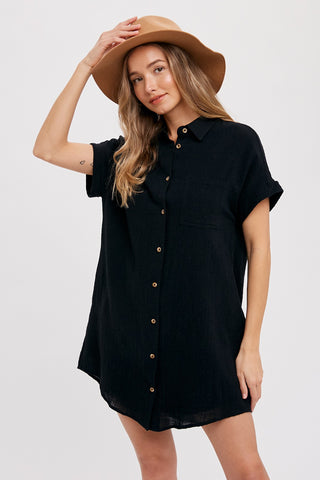 Black Button Up Shirt Dress With Pocket