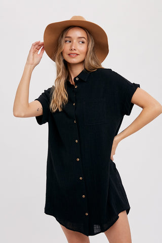 Black Button Up Shirt Dress With Pocket