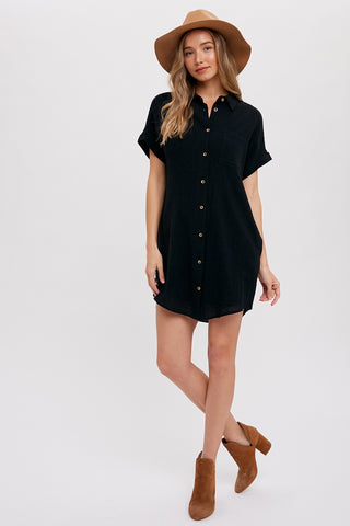 Black Button Up Shirt Dress With Pocket