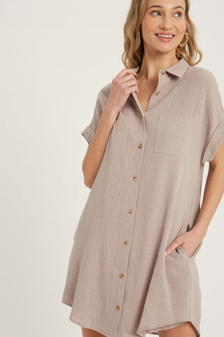 Mocha Button Up Shirt Dress With Pocket