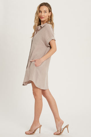 Mocha Button Up Shirt Dress With Pocket